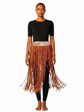 NWOT Handcrafted Tribal Bellydance Two-Panel Skirt Orange Tan Brocade Fringe OS